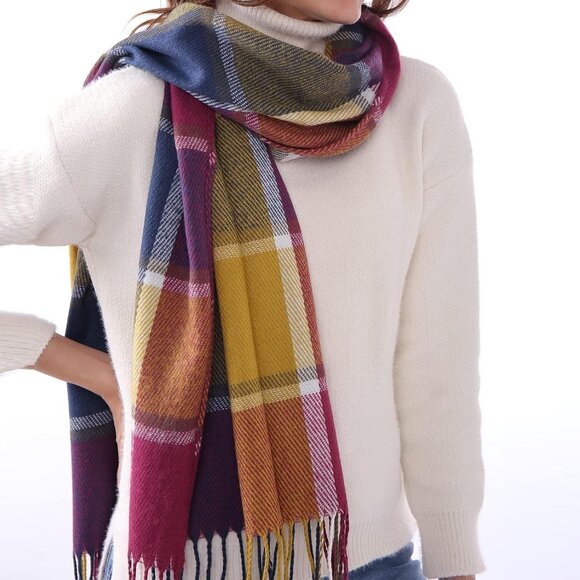 Women Colored Plaid Winter Warm Shawl Wraps Tartan Blanket Oversized Scarves - Picture 3 of 5